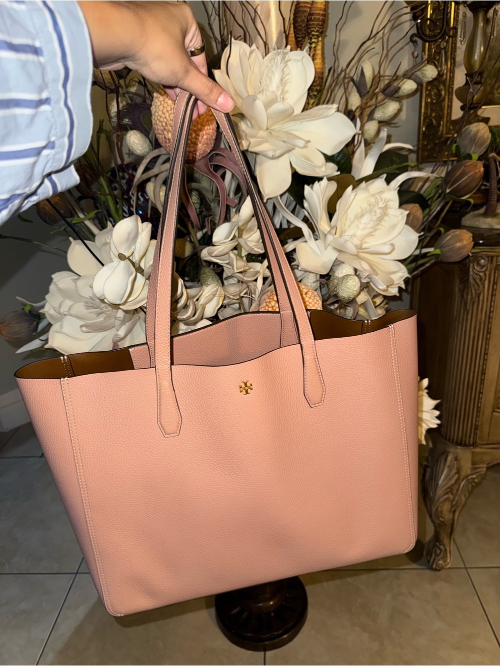 Tory Burch Blush Pink Pebbled Leather Tote with Gold Logo